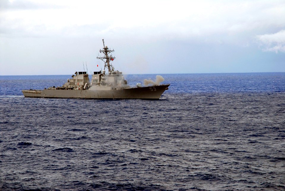 US Navy 070927-N-0890S-046 Guided-missile destroyer USS John Paul Jones (DDG 53), assigned to Nimitz Carrier Strike Group, fires her five-inch MK-45 54-caliber lightweight gun during a sea power demonstration