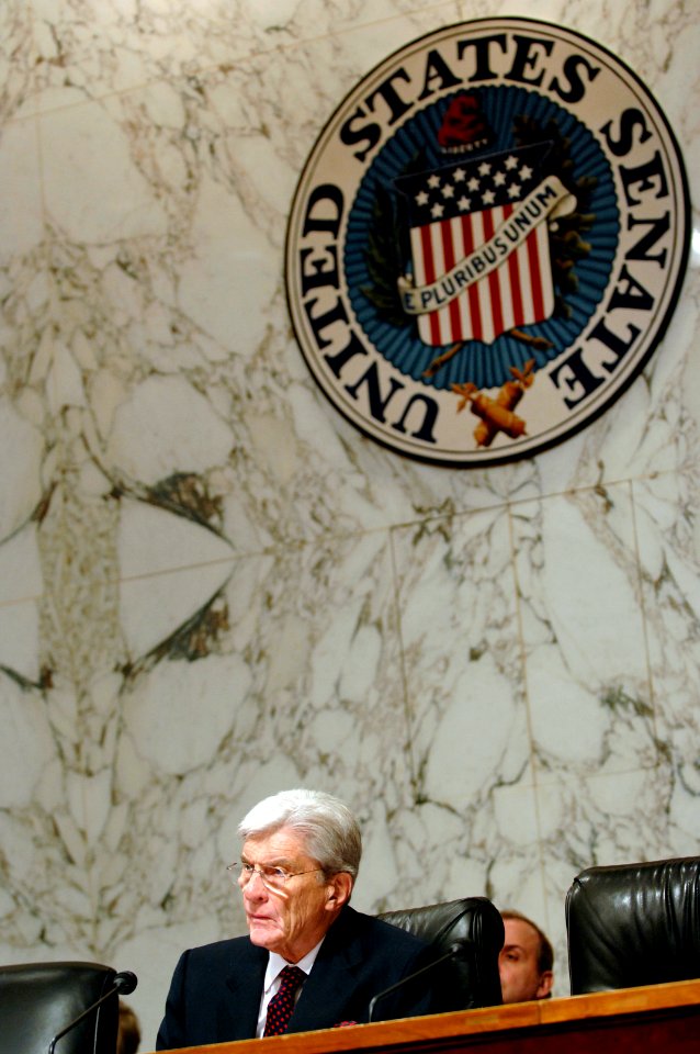 US Navy 070927-N-3642E-147 Sen. John Warner, R-Va., listens to Adm. Gary Roughead, commander of U.S. Fleet Forces Command, testify before the Committee on Armed Services during his confirmation hearing for appointment to Chief