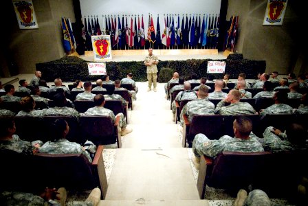 US Navy 071004-N-0696M-362 Adm. Mike Mullen, chairman of the Joint Chiefs of Staff, holds an all hands call with members of the 25th Infantry Division deployed to Forward Operating Base Speicher