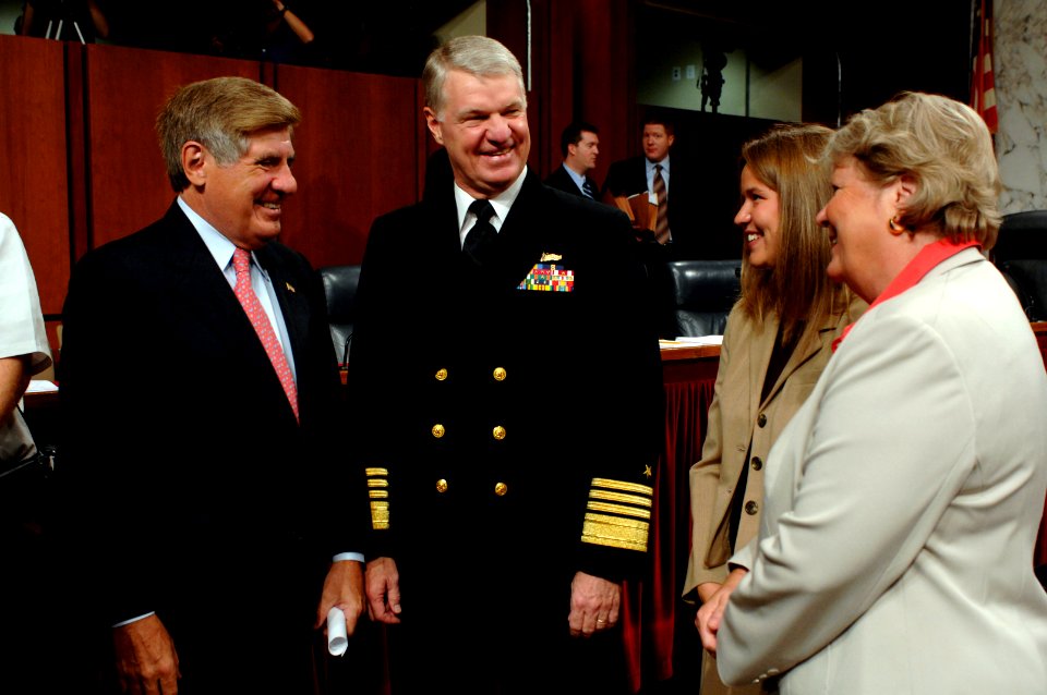 US Navy 070927-N-3642E-019 Adm. Gary Roughead, commander of U.S. Fleet Forces Command and his wife and daughter meet with Sen. Ben Nelson, D-Neb., prior to testifying before the Committee on Armed Services for his confirmation