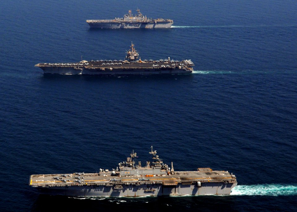US Navy 070928-N-5928K-011 Nuclear-powered aircraft carrier USS Enterprise (CVN 65) and amphibious assault ship USS Kearsarge (LHD 3) and USS Bonhomme Richard (LHD 6)