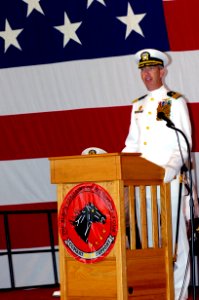 US Navy 070928-N-6676S-034 Cmdr. Robert H. Buckingham, commanding officer of Helicopter Combat Support Squadron (HC) 4, addresses families