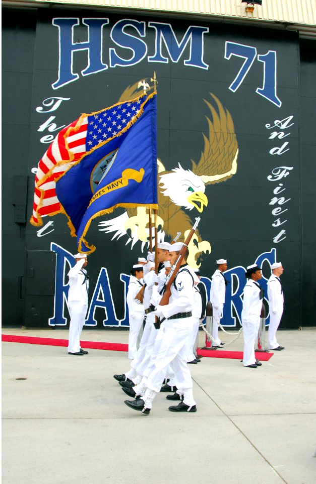 US Navy 071004-N-4995K-036 Sailors parade the colors during the establishment ceremony for Helicopter Maritime Strike Squadron (HSM) 71