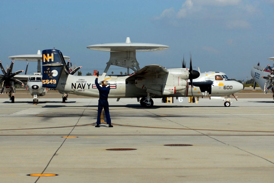 US Navy 070929-N-8607R-026 An E-2C Hawkeye, from Airborne Early Warning Squadron (VAW) 117, displays the colorful markings of the Commander Air Group (CAG) aircraft assigned to the Wallbangers