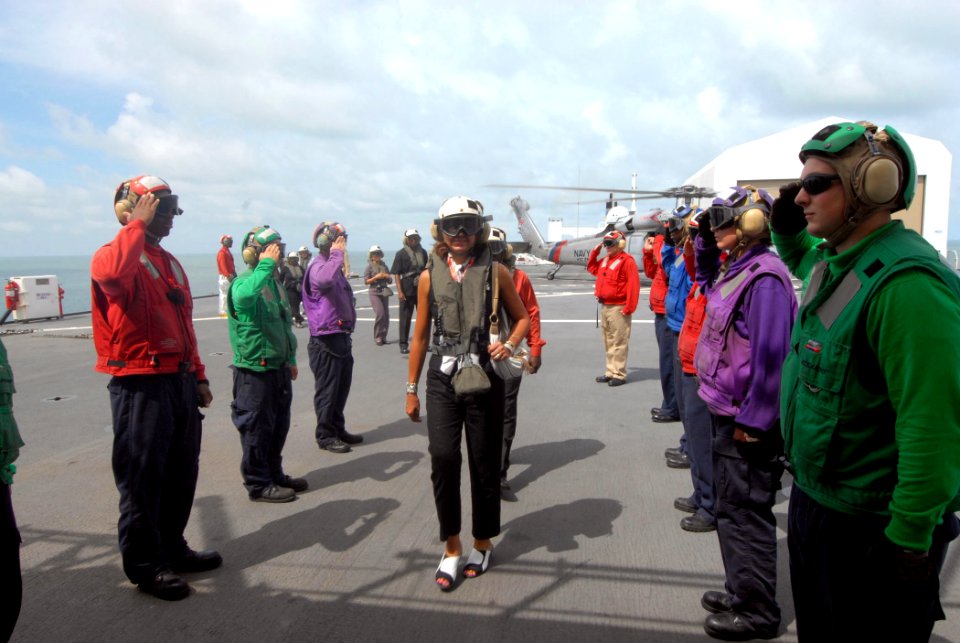 US Navy 071004-N-8704K-002 Ambassador Lisa Bobbie Schreiber Hughes, U.S. ambassador to Suriname, is saluted by rainbow sideboys as she arrives for a tour of Military Sealift Command hospital ship USNS Comfort (T-AH 20), anchore