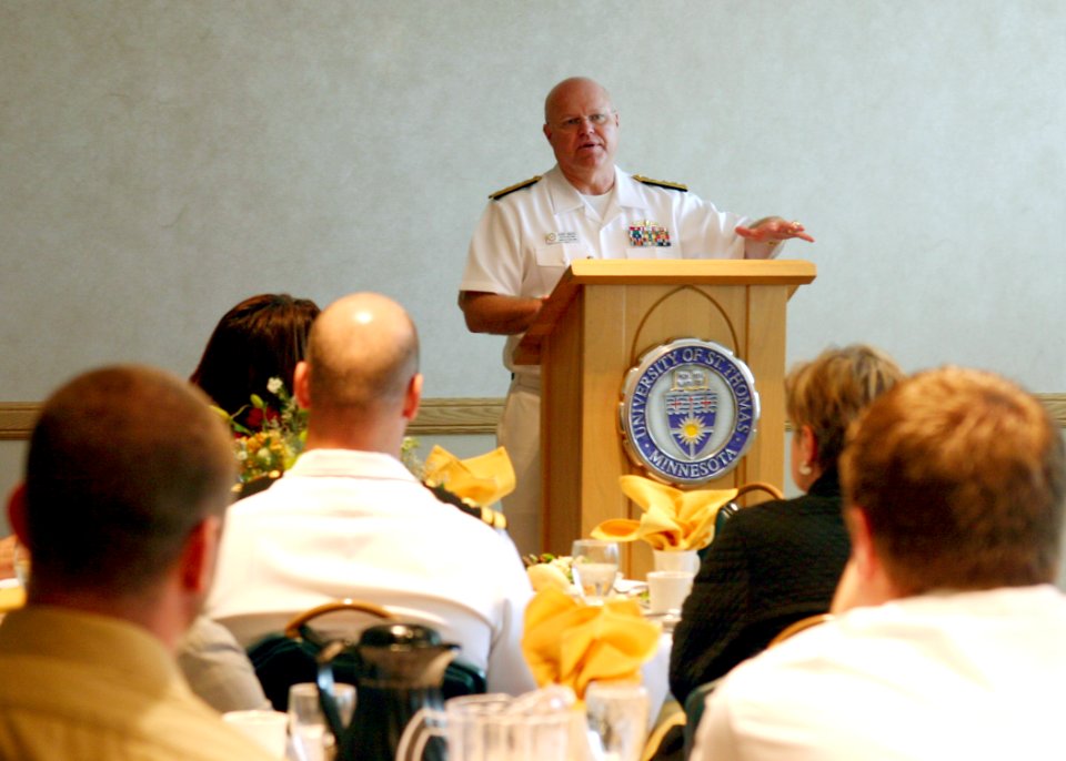 US Navy 071001-N-7163S-001 Rear Adm. Edward Masso, commander of Navy Personnel Command, speaks on leadership to faculty, staff, and students at the University of St. Thomas Opus College of Business
