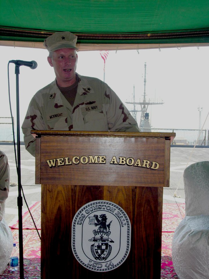 US Navy 070930-N-5307M-002 Rear Adm. Terence E. McKnight assumes command of Expeditionary Strike Group (ESG) 2 during a change of command ceremony aboard USS Gunston Hall (LSD 44)