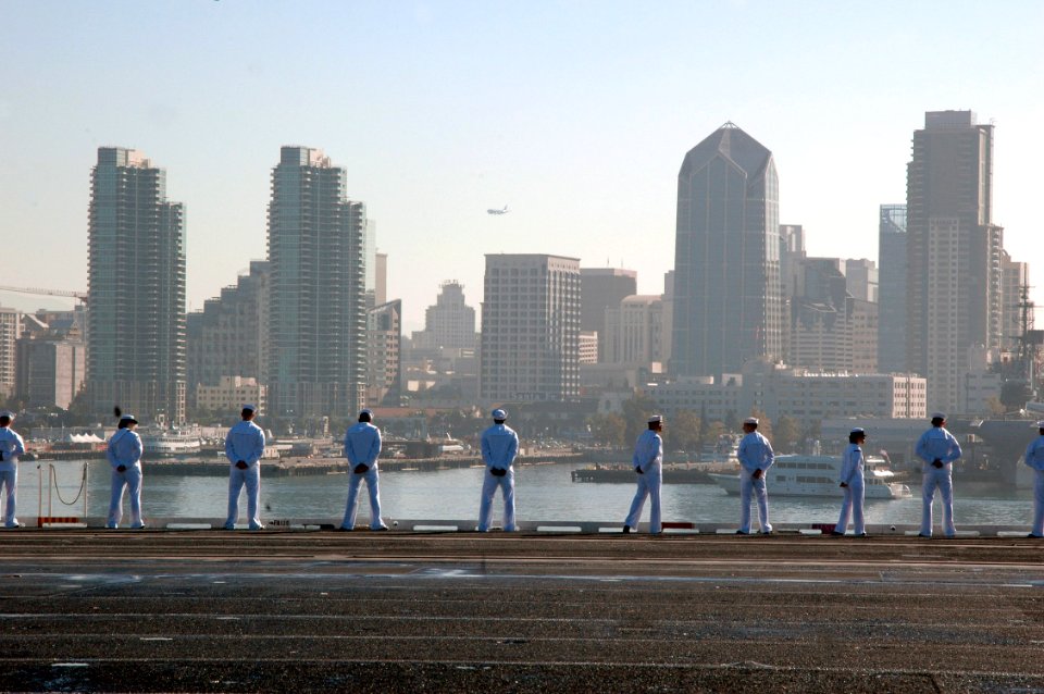 US Navy 070930-N-7128A-050 Sailors man the rails of nuclear-powered aircraft carrier USS Nimitz (CVN 68) as she enters San Diego Bay