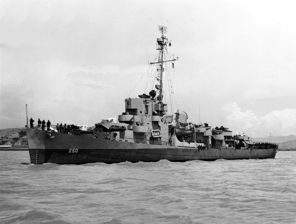 USS Cabana (DE-260) off the Mare Island Naval Shipyard on 18 May 1945 (NH 97447)