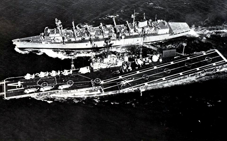 USS Camden (AOE-2) replenishes USS Ticonderoga (CVS-14) during the recovery of Apollo 17, in December 1972