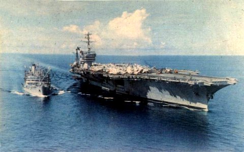USS Caliente (AO-53) refuels USS America (CVA-66), in 1968 photo