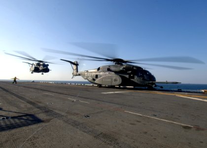 US Navy 071104-N-7027P-131 During a crisis response exercise, MH-53E Sea Dragons of Helicopter Mine Countermeasure Squadron (HM) 15 transport Marines attached to 4th Platoon 2nd Fleet Anti-terrorism Security Team (FAST) ashore