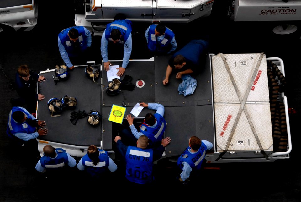 US Navy 071029-N-4776G-199 Aviation boatswain's mates gather around an AS-31B tow tractor during a training session on the flight deck of Nimitz-class aircraft carrier USS Ronald Reagan (CVN 76)