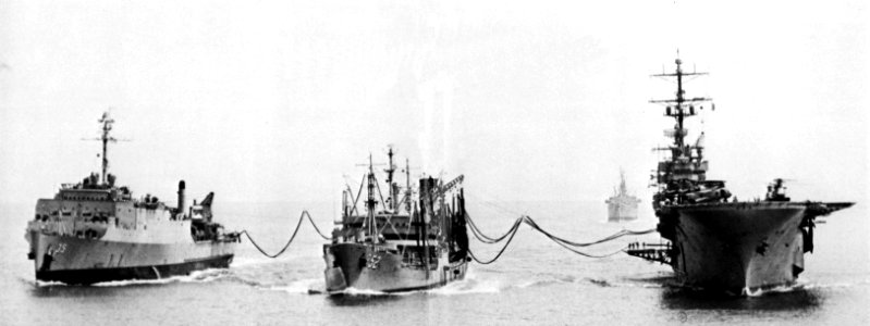 USS Cacapon (AO-529 refueling Tripoli (LPH-10) and Monticello (LSD-35) 1967