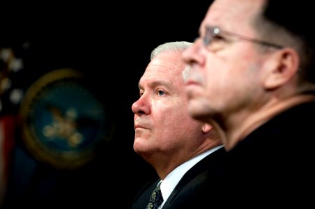 US Navy 071101-N-0696M-136 Secretary of Defense, Robert M. Gates and Chairman of the Joint Chiefs of Staff, U.S. Navy Adm. Mike Mullen conduct their weekly press briefing at the Pentagon
