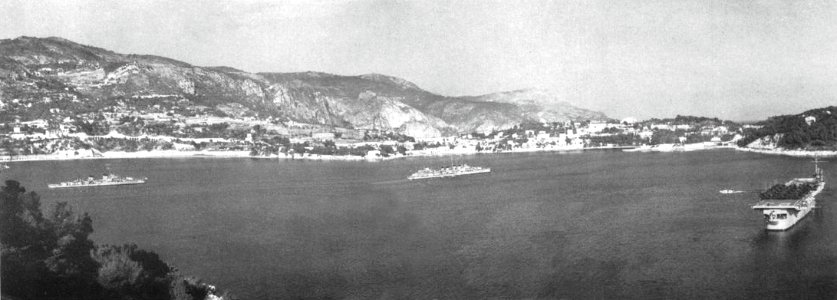 USS Cabot (CVL-28) at anchor off Villefranche, in early 1952
