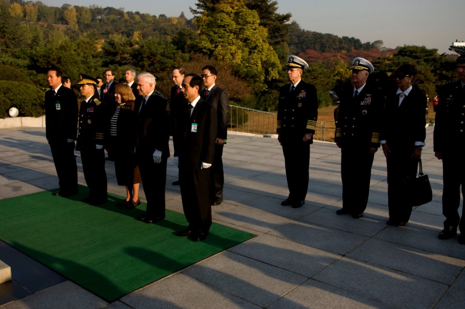 US Navy 071107-N-0696M-080 Secretary of Defense (SECDEF) Robert M. Gates lays a wreath at the Monument of Unknown Student Volunteer Soldiers in the National Cemetery