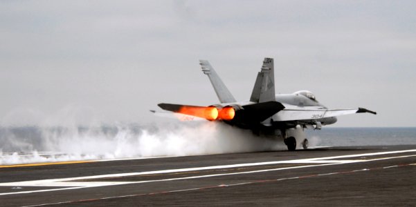 US Navy 071106-N-4133B-142 An F-A-18C Hornet, assigned to the Blue Diamonds of Strike Fighter Squadron (VFA) 146, launches off the flight deck of Nimitz-class aircraft carrier USS Ronald Reagan (CVN 76)