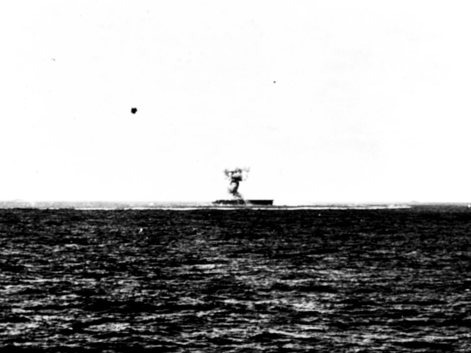 USS Cabot (CVL-28) hit by kamikaze in November 1944