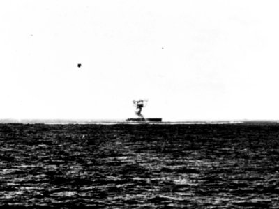 USS Cabot (CVL-28) hit by kamikaze in November 1944