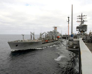 US Navy 071105-N-4133B-014 Military Sealift Command fleet replenishment oiler USNS Henry J. Kaiser (T-AO 187) conducts a refueling at sea with Nimitz-class aircraft carrier USS Ronald Reagan (CVN 76)