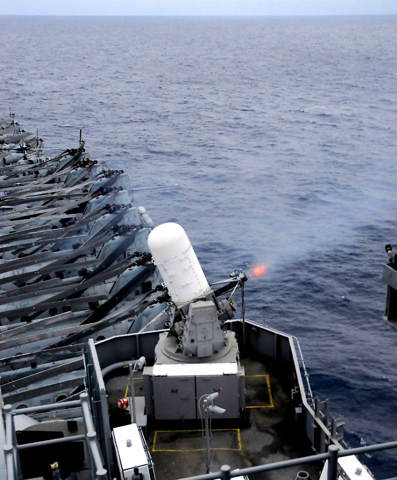 US Navy 071107-N-4774B-007 The Phalanx close-in weapon system fires nearly 75 rounds per second during a training exercise aboard amphibious assault ship USS Tarawa (LHA 1)