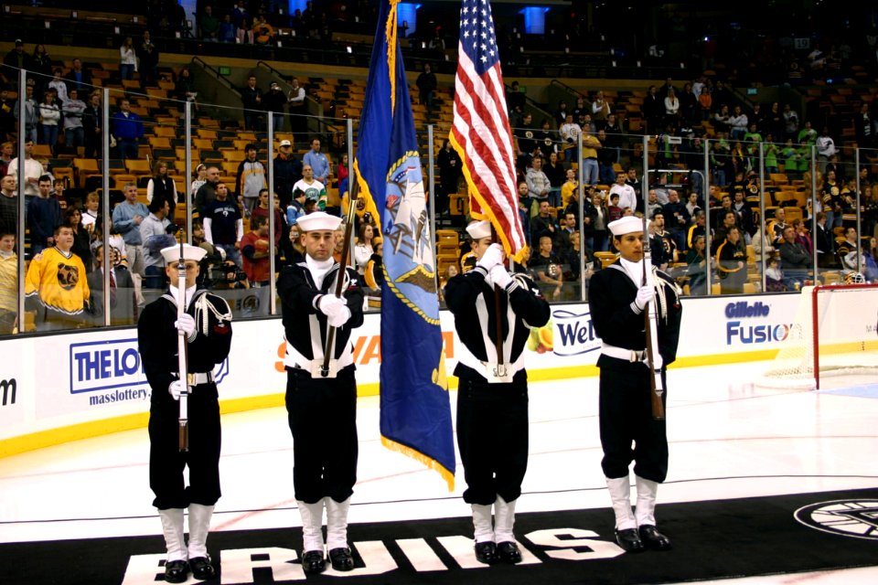 US Navy 071104-N-8110K-004 The guided-missile destroyer USS Sampson (DDG 102) color guard presents colors at the opening ceremony of the National Hockey League match between the Boston Bruins and the Ottawa Senators