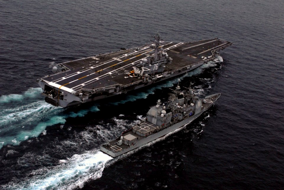 US Navy 071106-N-4776G-138 Nimitz-class aircraft carrier USS Ronald Reagan (CVN 76) conducts a fueling at sea (FAS) with guided-missile cruiser USS Chancellorsville (CG 62)