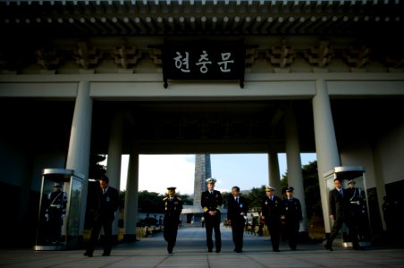 US Navy 071106-N-0696M-063 Chairman of the Joint Chiefs of Staff, Adm. Mike Mullen departs the Korean National Cemetery after laying a wreath at the Monument of Unknown Student Volunteer Soldiers