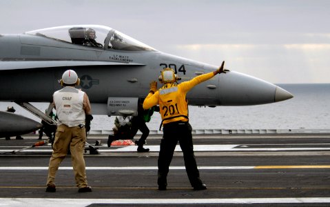 US Navy 071106-N-4133B-137 Flight deck personnel prepare to launch an F-A-18C Hornet off the flight deck of Nimitz-class aircraft carrier USS Ronald Reagan (CVN 76). Reagan is underway in the Pacific Ocean conducting flight dec