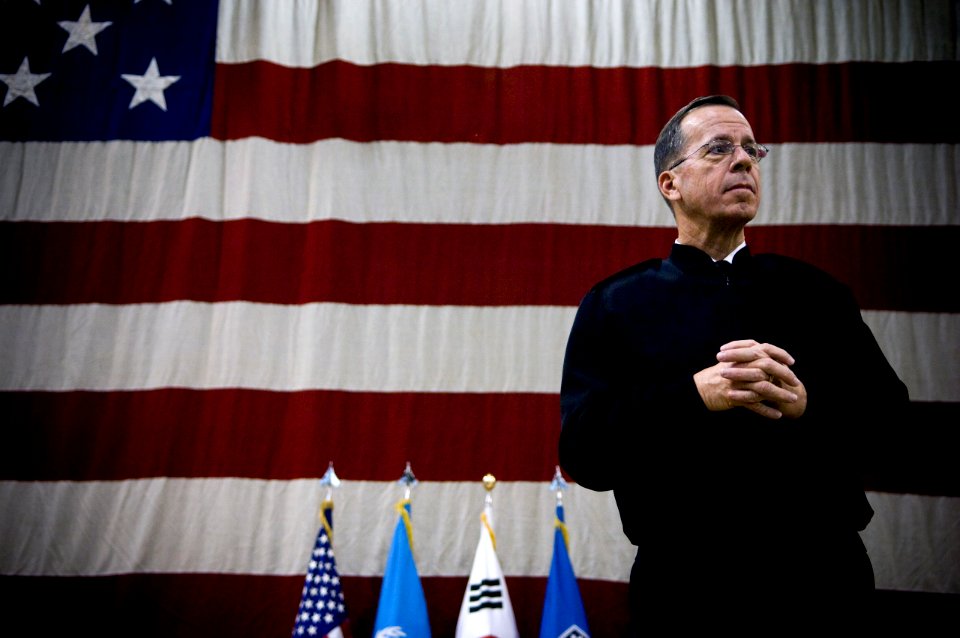 US Navy 071107-N-0696M-287 Chairman of the Joint Chiefs of Staff, Adm. Mike Mullen answers questions at a town hall meeting with service members stationed on board Yongsan Army Garrison