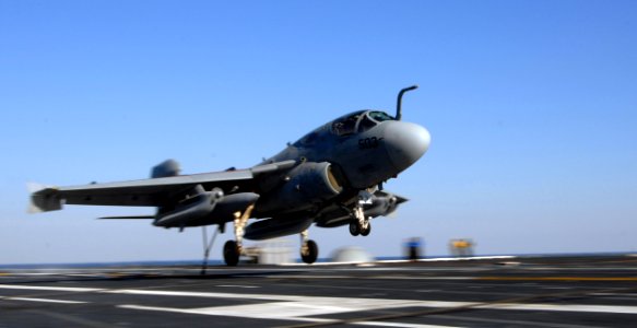 US Navy 071105-N-0455L-004 An EA-6B Prowler, assigned to Tactical Electronic Warfare Squadron (VAQ) 130, makes an arrested landing on the flight deck of Nimitz-class aircraft carrier USS Harry S. Truman (CVN 75)