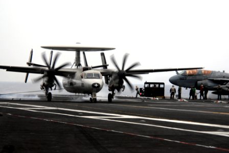 US Navy 071108-N-0555B-496 An E-2C Hawkeye, assigned to the Golden Hawks of Airborne Early Warning Squadron (VAW) 112, makes an arrested landing on the flight deck of Nimitz-Class aircraft carrier USS Ronald Reagan (CVN 76)