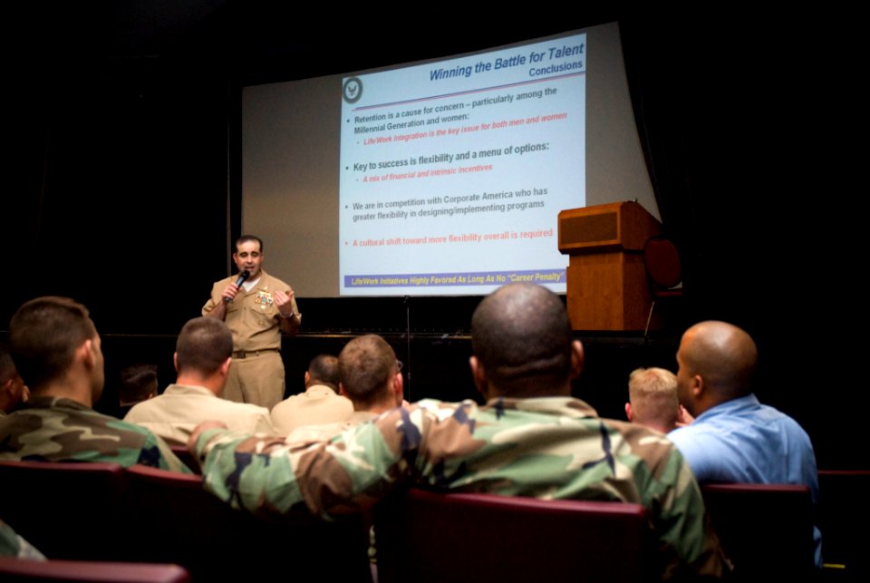 US Navy 071107-N-6674H-005 Capt. Ken J. Barrett, director of Task Force Life-Work, addresses Sailors during the Task Force Life-Work Road Show held in Sharkey's Theater on board Naval Station Pearl Harbor