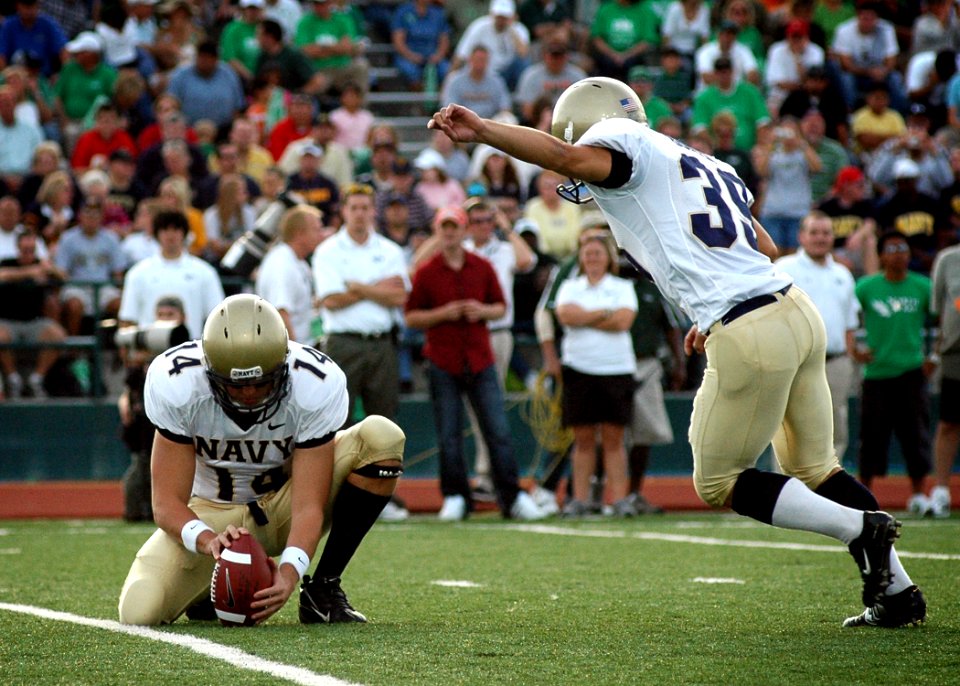 US Navy 071110-N-8053S-155 Navy Midshipmen kicker, Joey Bullen, attempts to kick a field goal during the Navy vs. University of North Texas (UNT) football game
