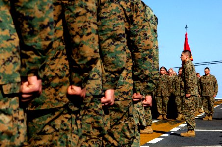 US Navy 071110-N-6597H-099 Marines assigned to the 11th Marine Expeditionary Unit (MEU) stand in formation during a ceremony celebrating the 232nd Marine Corps birthday aboard amphibious assault ship USS Tarawa (LHA 1)