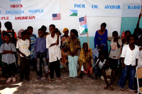 US Navy 071112-F-0509T-248 School children give a performance to dignitaries during a Key Leadership Engagement visit to view Combined Joint Task Force-Horn of Africa projects