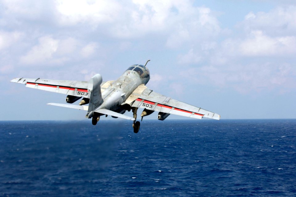 US Navy 071110-N-7883G-116 An EA-6B Prowler, assigned to Electronic Attack Squadron (VAQ) 136, takes off from the aircraft carrier USS Kitty Hawk (CV 63)