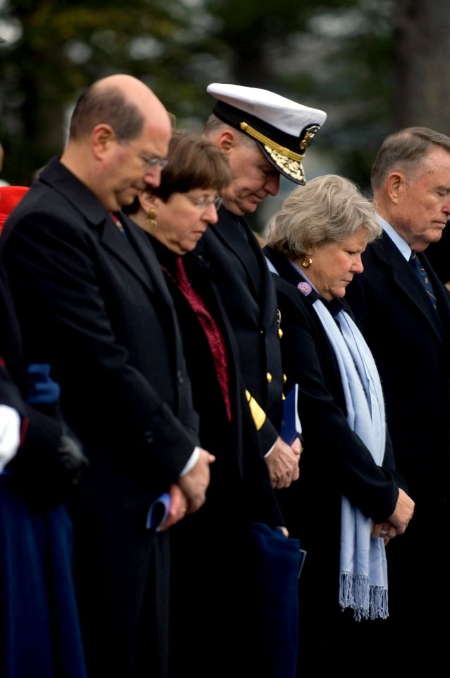US Navy 071110-N-8273J-129 Secretary of the Navy (SECNAV), the Honorable Dr. Donald C. Winter and Chief of Naval Operations (CNO) Adm. Gary Roughead bow their heads during the eulogy at the wreath laying ceremony