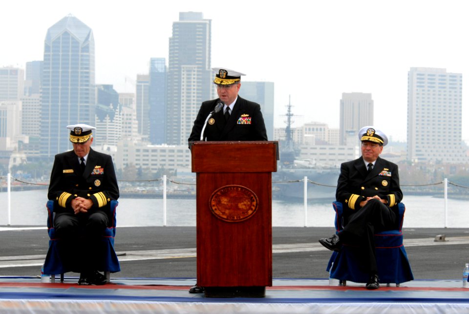 US Navy 071116-N-3659B-229 Rear Adm. James P. Wisecup gives a short speech after assuming command of Commander Carrier Strike Group (CCSG) 7