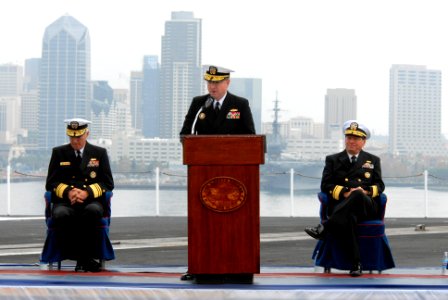 US Navy 071116-N-3659B-229 Rear Adm. James P. Wisecup gives a short speech after assuming command of Commander Carrier Strike Group (CCSG) 7