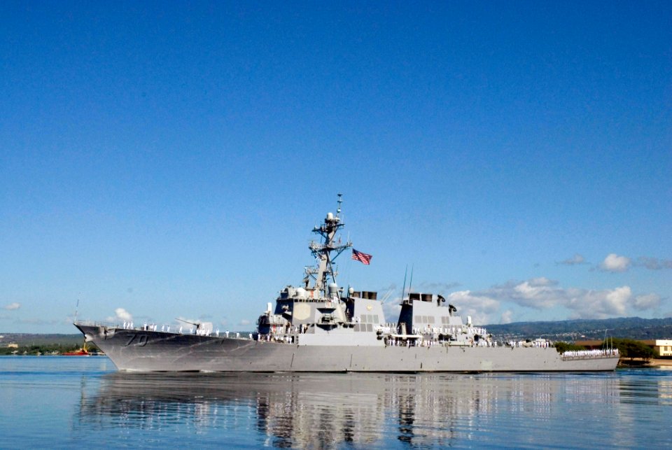 US Navy 071112-N-6674H-007 Sailors aboard guided-missile destroyer USS Hopper (DDG 70) man the rails as the ship departs Naval Station Pearl Harbor for deployment