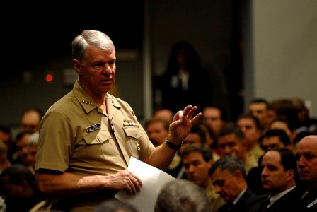 US Navy 071121-N-8273J-054 Chief of Naval Operations (CNO) Adm. Gary Roughead answers questions during at an all hands call inside the Pentagon