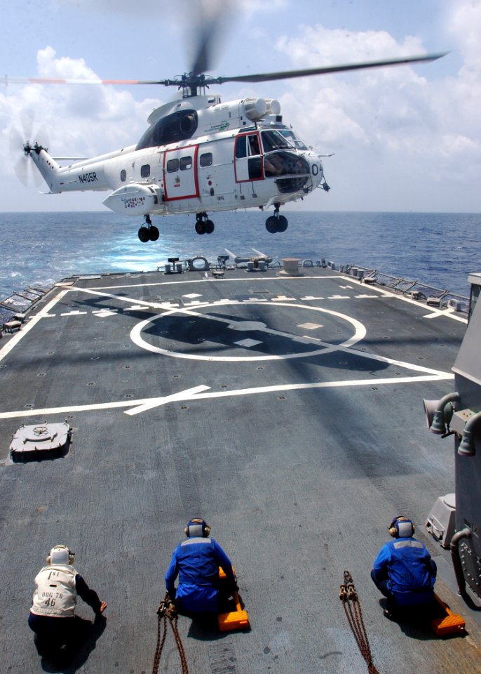 US Navy 071124-N-4014G-021 Sailors stationed aboard the guided-missile destroyer USS Porter (DDG 78) wait for a helicopter from the Military Sealift Command dry cargo-ammunition ship USNS Lewis and Clark (T-AKE 1) to land for a