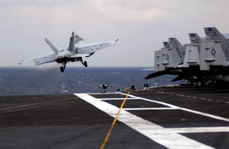 US Navy 071117-N-8923M-202 An F-A-18F Super Hornet, from the Swordsmen of Strike Fighter Squadron (VFA) 32, launches from the flight deck aboard the Nimitz-class nuclear-powered aircraft carrier USS Harry S. Truman (CVN 75)