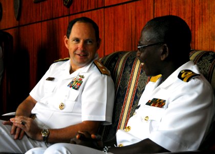 US Navy 071120-N-8933S-015 Rear Adm. Tony Kurta, director for Policy, Resources and Strategy, United States Naval Forces Europe, and Ghanaian navy Commodore Matthew Quashie, Eastern Ghana Naval Command, meet with Africa Partner
