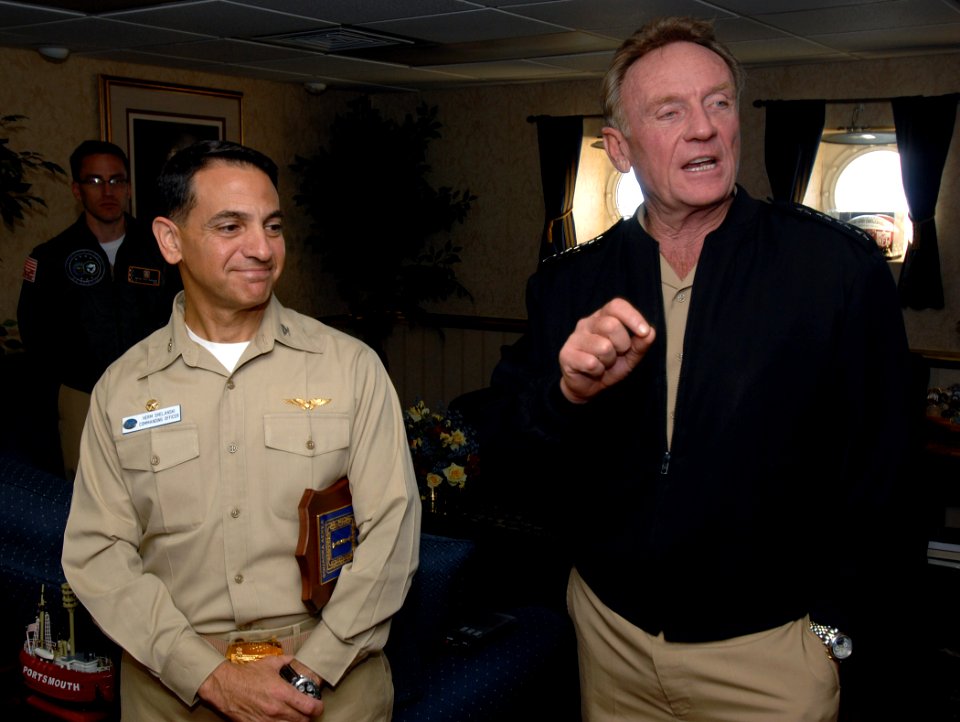US Navy 071119-N-8923M-508 Adm. Harry Ulrich, commander of Naval Forces Europe, speaks about his time aboard the Nimitz-class nuclear-powered aircraft carrier USS Harry S. Truman (CVN 75) after exchanging gifts with Capt. Herma