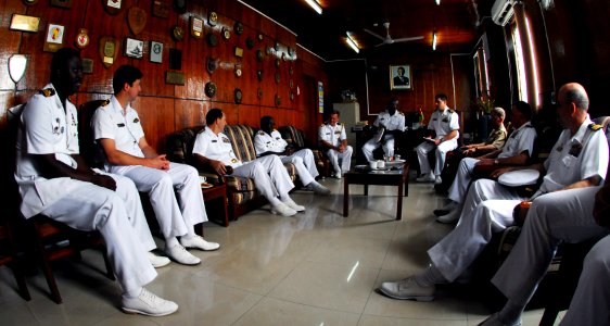 US Navy 071120-N-8933S-026 Rear Adm. Tony Kurta, director for Policy, Resources and Strategy, United States Naval Forces Europe, and Ghanaian navy Commodore Matthew Quashie, Eastern Ghana Naval Command, meet with Africa Partner