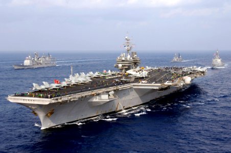 US Navy 071116-N-7883G-101 The aircraft carrier USS Kitty Hawk (CV 63) and other American and Japan Maritime Self-Defense Forces (JMSDF) ships transit together at the end of ANNUALEX 19G, the maritime component of the U.S.-Japa