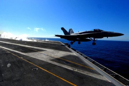 US Navy 071123-N-0684R-034 An F-A-18C Hornet assigned to the Argonauts of Fighter Strike Squadron One Four Seven (VFA-147) clears the flight deck of the Nimitz-class aircraft carrier USS John C. Stennis (CVN 74) after launch